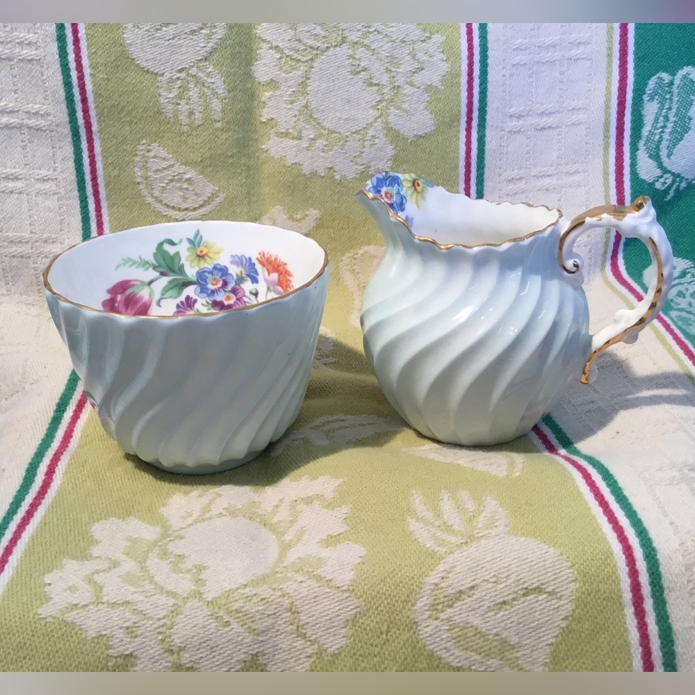 Aynsley England Soft Pale Blue/Gold Trim Bone China Mini Creamer Sugar Bowl Set